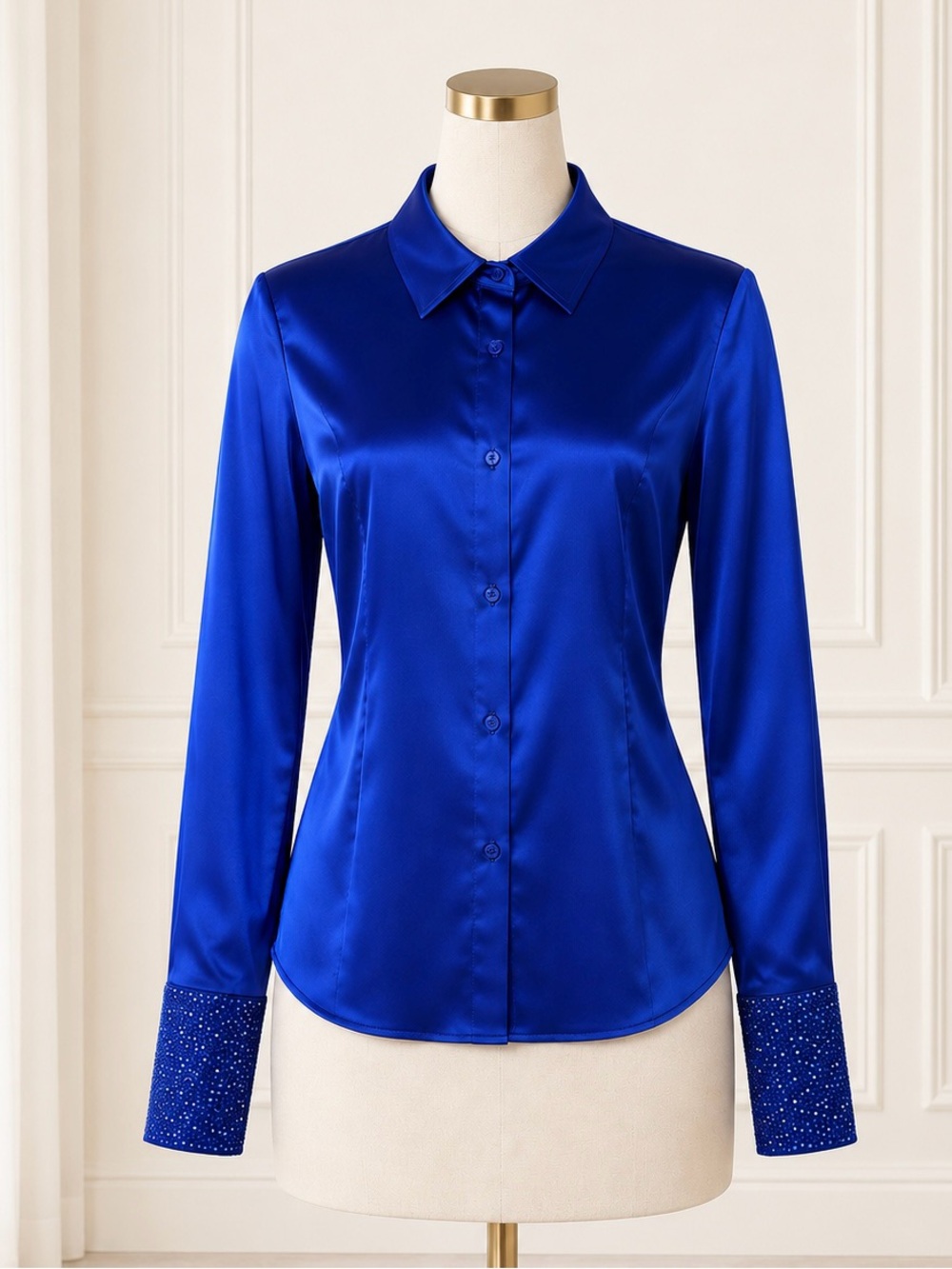 NWT LE SUPERBE Orbital Satin Blue Blouse Crystal Cuffs Sz 2